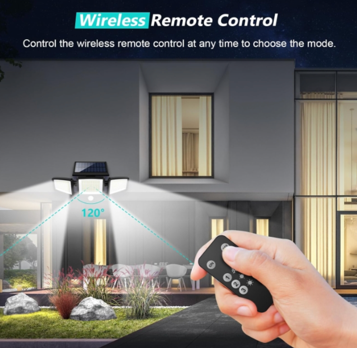 2500LM Solar Lights Outdoor with Motion Sensor,3 Head 270° Wide Angle Street Area Lights, IP65 Waterproof Security Lighting with 3 Modes